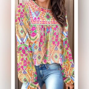 Round Neck Geometric Long Sleeve Blouse
